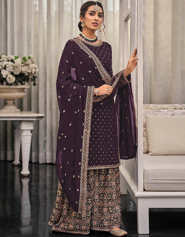 Traditional Function Wear Heavy Fox Georgatte Suit Collection Purple Heavy Fox Georgatte Palazzo Straight Front View